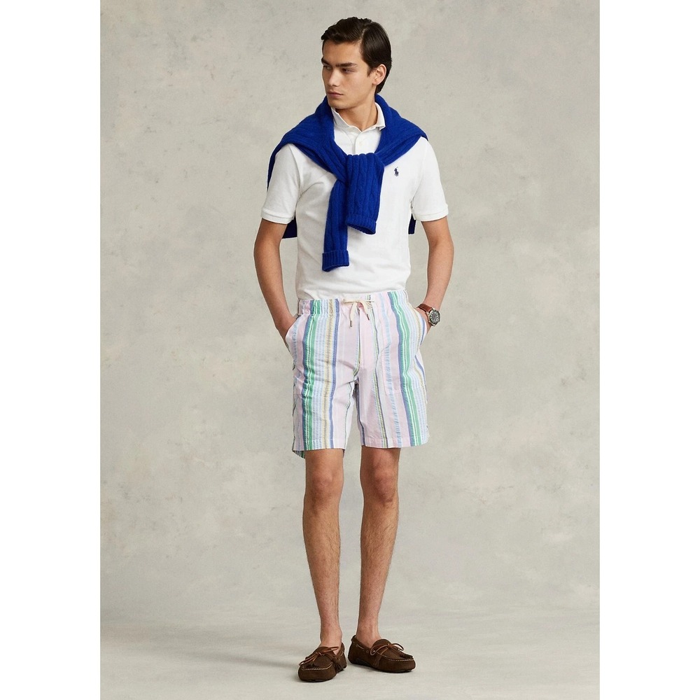 Polo Ralph Lauren 8" Relaxed Fit Stripe Seersucker Shorts Pink Blue Size M Prep
